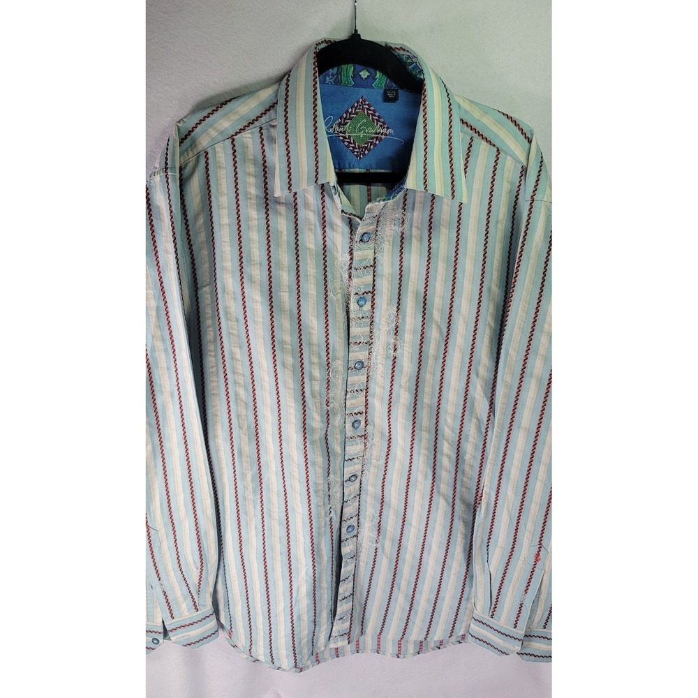 Robert Graham Mens XL Blue White Red Embroidered Stripe Flip Cuff Button Shirt